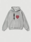 Vintage Heart Print Fleece Hoodie