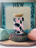 Pink and Black Cow Print 16oz Glass Can