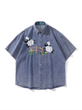 Short Sleeve Denim Shirt with Sheep Embroidery