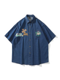 Short Sleeve Denim Shirt with Floral Embroidery