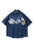 Short Sleeve Denim Shirt with Poker Embroidery