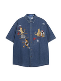 Short Sleeve Denim Shirt with Cat Embroidery