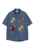 Short Sleeve Denim Shirt with Fruit Embroidery