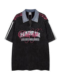 Letter Graphic American Style Zip Polo Shirt