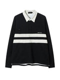 Embroidery Striped Long Sleeve Polo Sweatshirt