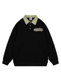 Vintage Applique Embroidered Polo Collar Sweatshirt