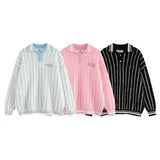 Striped Drop Shoulder Polo Neck Front Sweater