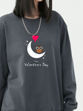 Valentine's Day Owl Love Print Cotton Sweatshirt