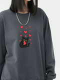 Valentine's Day Black Kitty Love Printed Cotton Sweatshirt