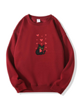 Valentine's Day Black Kitty Love Printed Cotton Sweatshirt